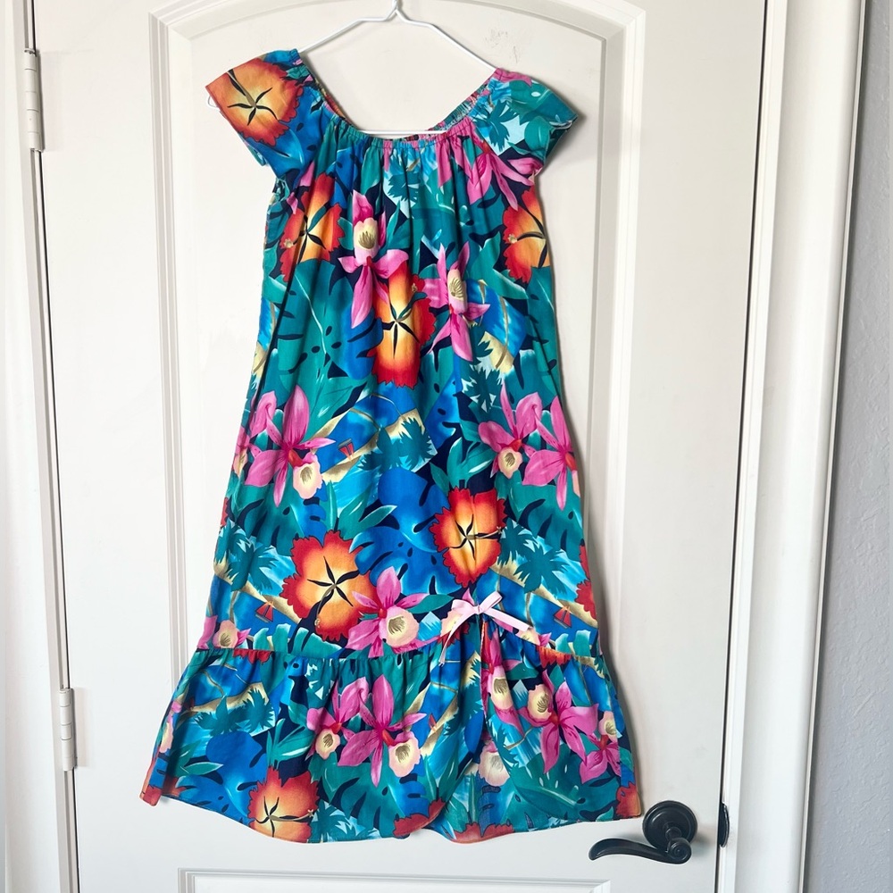 VTG Hilo Hattie Girls Hawaiian Maxi Dress Sz 8 Blue Hibiscus Floral Mumu